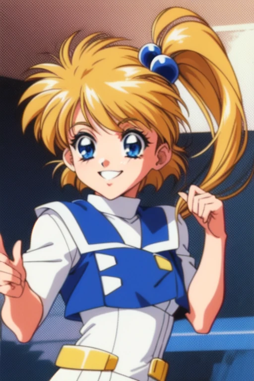 <lora:PulesiaZenosakis:0.8> PulesiaZenosakis, blue eyes, blonde hair, ãhair bobbles, short hair, side ponytail,ãhair ornament, loose socks, socks, skirt, shoes, 1girl. soro, upper body, smile,
1990s \(style\), anime, retro artstyle, anime_screencap, animated gif, mp4 ,video, animated,