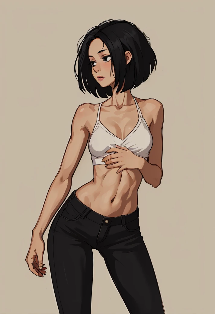 uma , pequena, corpo todo, standing on her feet, studio background, childish appearance, chifres pequenos na testa, maquiagem, mascara, Lips are soft or colored, fundo preto simples, minimalismo, monotone, paletas de cores simples, limpo, Crisp drawings, silhuetas fluidas,, camisas curta, roupa curta, pijama, Asymmetric, geometric, Materiais e designs elegantes e luxuosos, Simple and minimalist accessories, Necklaces and thin rings in silver or gold, Pulseiras simples, Designs diferentes, silhuetas simples, estilo simples e sofisticado, elegence, minimalismo, materiais de alta qualidade, Fresh and urban printing, alta moda, Simplicity and sophistication, azul, cor azul, sexy, magro, roupa curta, molhada, sexy, Erotic, decote, youthful appearance, ioga, Shy, suada, azul, Natureza