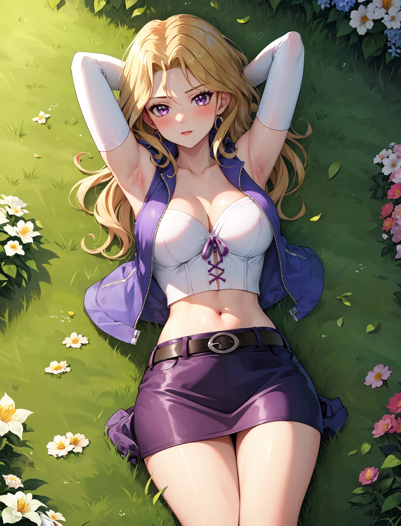 masterpiece, best quality, outdoors, grass, field, flower field,
1girl, solo, looking at viewer, lying, on back, blonde hair, purple eyes, breasts, blush, skirt, long hair, large breasts, elbow gloves, white gloves, navel, cleavage, detached sleeves, midriff, belt, vest, crop top, bustier, arms behind head, armpits, presenting armpits,
<lora:LoRA_Mai:1>
