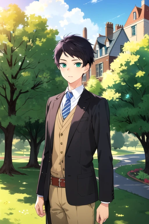 (best quality:1.1), (masterpiece:1.4), movie still, 1boy, solo, male focus, looking at viewer, , depth of field, anime coloring, realistic, <lora:hayato_yuzuki:0.9>, hayato_yuzuki, black hair, green eyes, short hair, irish costume, Fairyland: A place where fairies and other magical creatures live,