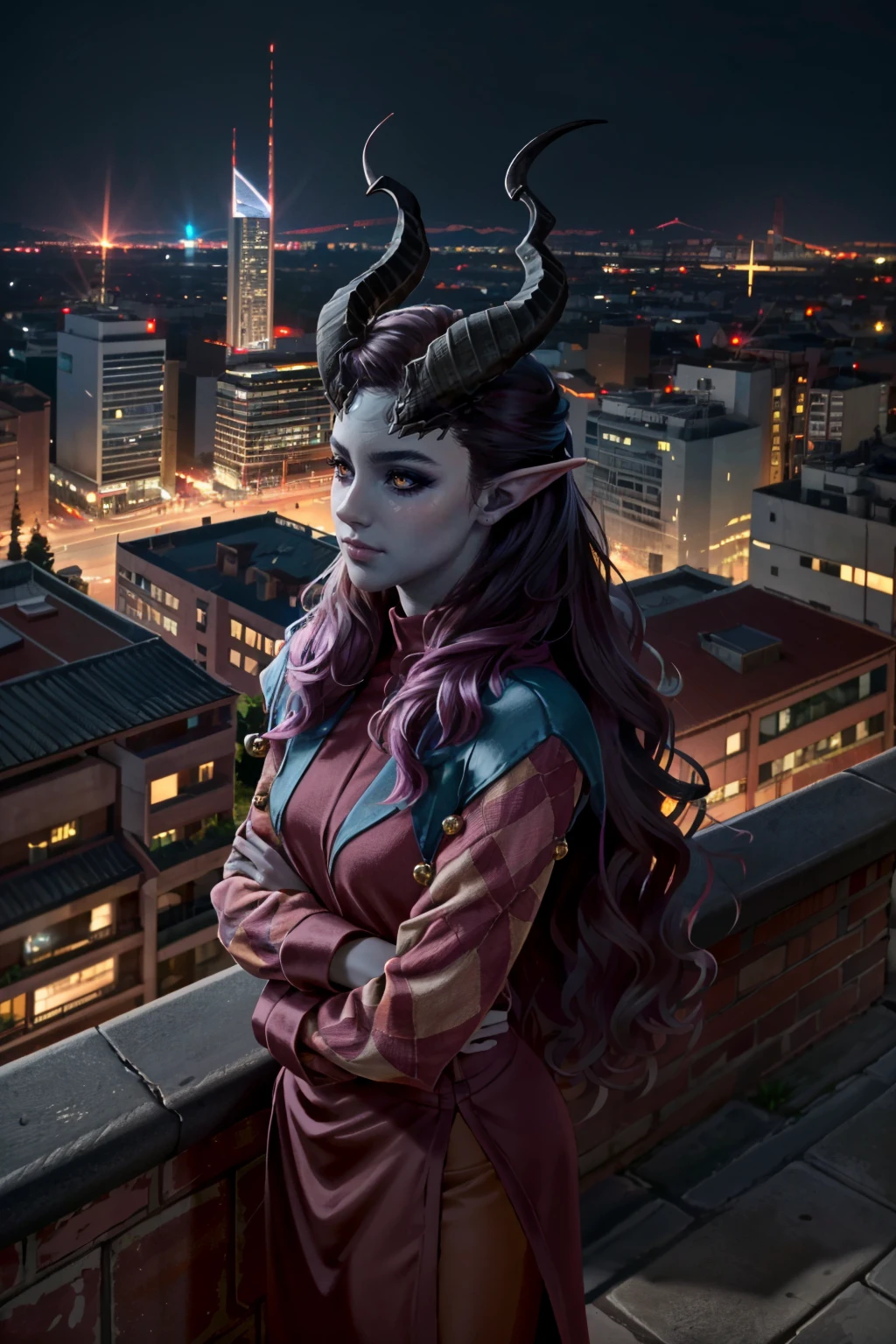 ((ultra detailed, masterpiece, best quality))
<lora:BGAlfira:0.8>
BGAlfira, long hair, colored skin, horns, demon girl, Within an urban rooftop garden at twilight, confident standing pose, city skyline bathed in city lights providing a cinematic atmosphere