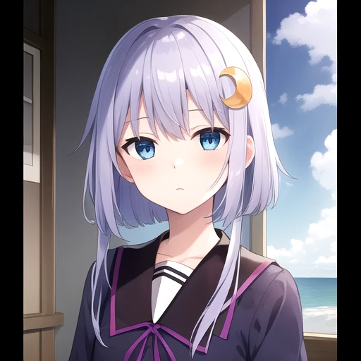 ((masterpiece)),(best quality),official art,extremely detailed CG,unity 8k wallpaper,ultra detailed,A lighthouse on a cliff by the sea,1girl,solo,upper body,(portrait:1.2),short_hair_with_long_locks,crescent_hair_ornament,hair_ornament,school_uniform,blue_eyes,navel,purple_hair,serafuku,long_sleeves,pleated_skirt,socks,looking_at_viewer,midriff,long_hair,kneehighs,<lora:Yayoi(kan)>,