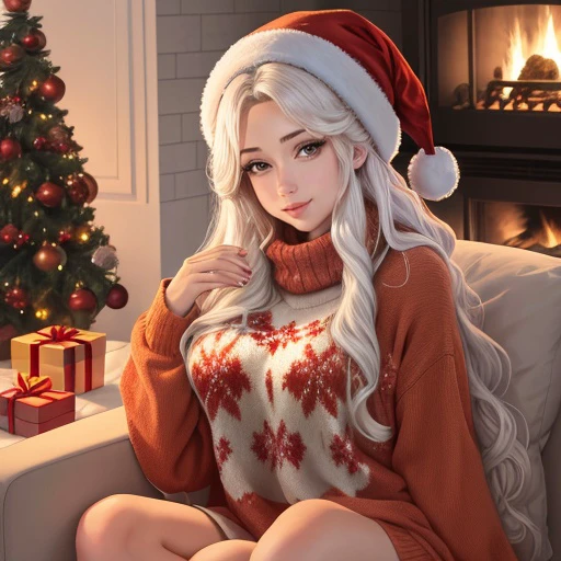 <lora:alanahpearce_sd15_512_128_64_v1:1>alanahpearce, 1girl white blonde long weavy curly hair, wearing christmas sweater, christmas decoration in background, lit fireplace in background