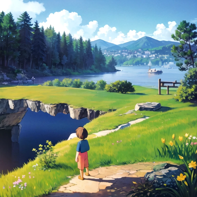 (masterpiece:1.2), best quality, masterpiece, highres, original,perfect light, 4k,8k,1boy, bicycle, blue sky, bridge, building, bush, castle, city, cliff, cloud, coral, daisy, dandelion, day, dirt, faux figurine, fence, field, fireflies, flower, flower field, foliage, forest, fountain, garden, grass, hammock, hill, horizon, house, island, ivy, jungle, ladybug, lake, landscape, leaf, lily pad, moss, mountain, mountainous horizon, nature, on grass, outdoors, overgrown, palm tree, park, path, pine tree, plant, pond, potted plant, puddle, river, road, rock, ruins, scenery, sky, skyscraper, solo, stream, torii, tree, tree shade, tree stump, under tree, vines, water, waterfall, watering can, wheat, windmill, wooden fence, yellow flower, <lora:Ghibli-v2:0.7>