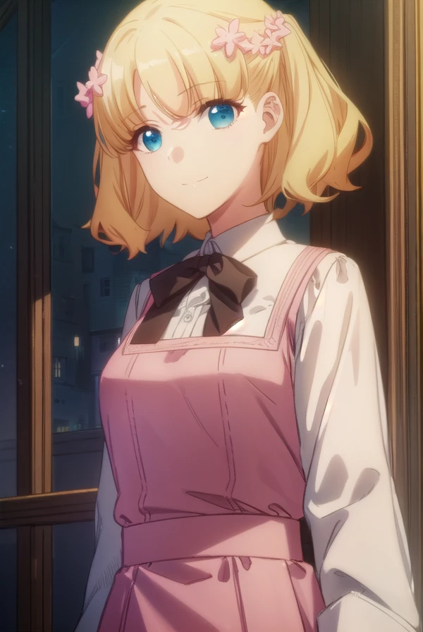 mariacampbell, <lora:maria campbell s2-lora-nochekaiser:1>,
maria campbell, short hair, blue eyes, blonde hair, hair ornament, flower, hair flower, (parted bangs:1.5), smile,
BREAK shirt, long sleeves, dress, bow, white shirt, belt, bowtie, pink dress,
BREAK indoors,
BREAK looking at viewer, (cowboy shot:1.5),
BREAK <lyco:GoodHands-beta2:1>, (masterpiece:1.2), best quality, high resolution, unity 8k wallpaper, (illustration:0.8), (beautiful detailed eyes:1.6), extremely detailed face, perfect lighting, extremely detailed CG, (perfect hands, perfect anatomy),
