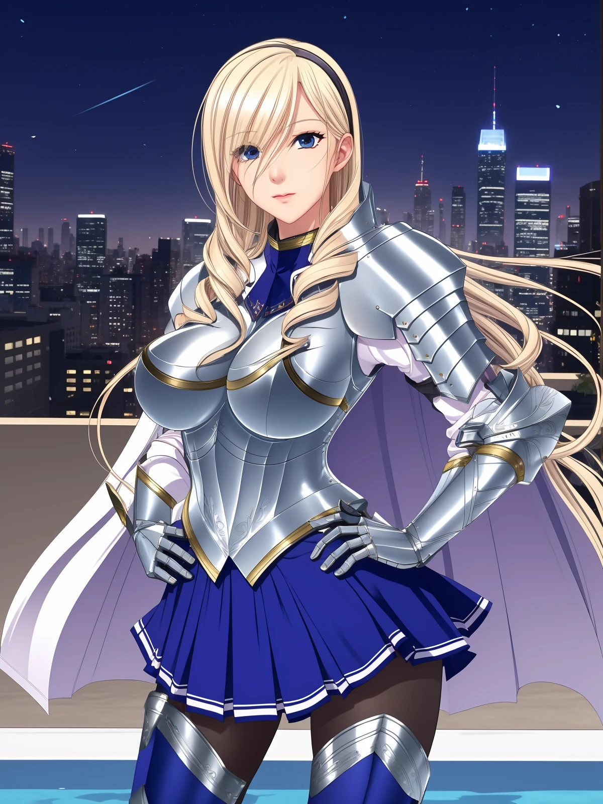 SNQSWYsuliya, 1girl, armor, solo, blonde hair, long hair, blue eyes, skirt, gauntlets, breastplate, cape, greaves, pantyhose, boobplate, drill hair, shoulder armor, hair over one eye, pleated skirt,looking at viewer, pauldrons, blue skirt,armored boots, <lora:SNQSWYsuliya:0.75>,cityscape, night, pool,