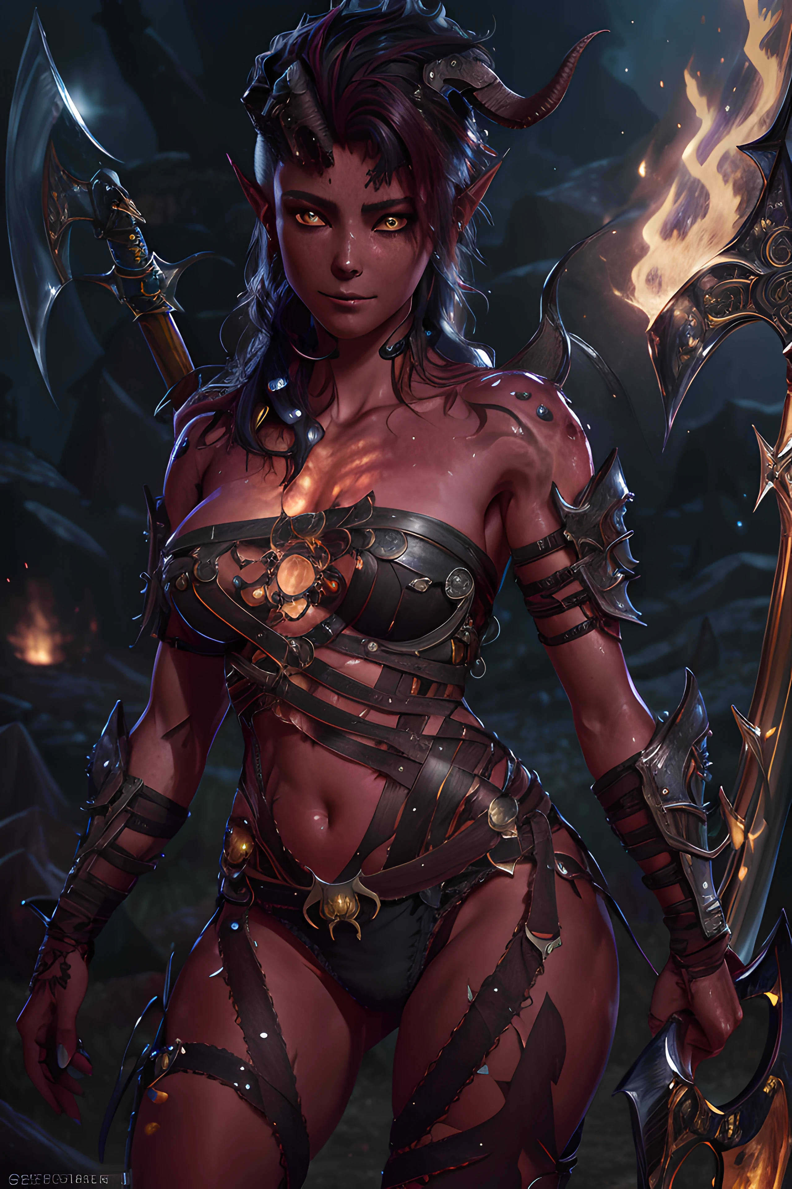 Masterpiece, best quality, absurdres, high res, intricate detail, high detail, cinematic lighting, fantasy 1girl, supermodel, karlach, demon, horn,
portrait, armor, move, light rays from top, shining eyes, hell, fire, axe
<lora:Karlach__Baldurs_Gate_3:0.8>, illustration of a anime girl imagination, hyperrealistic photo by Seebas Apterus and Larry Bell art, blending, smooth, detailed expressions, artstyle, detailed eyes, HDR, UHD, 64k, RTX, sharp, sharp focus, highly detailed, intricate detail, professional, artistic flow, ultra detailed, high resolution photography, (bright colors)