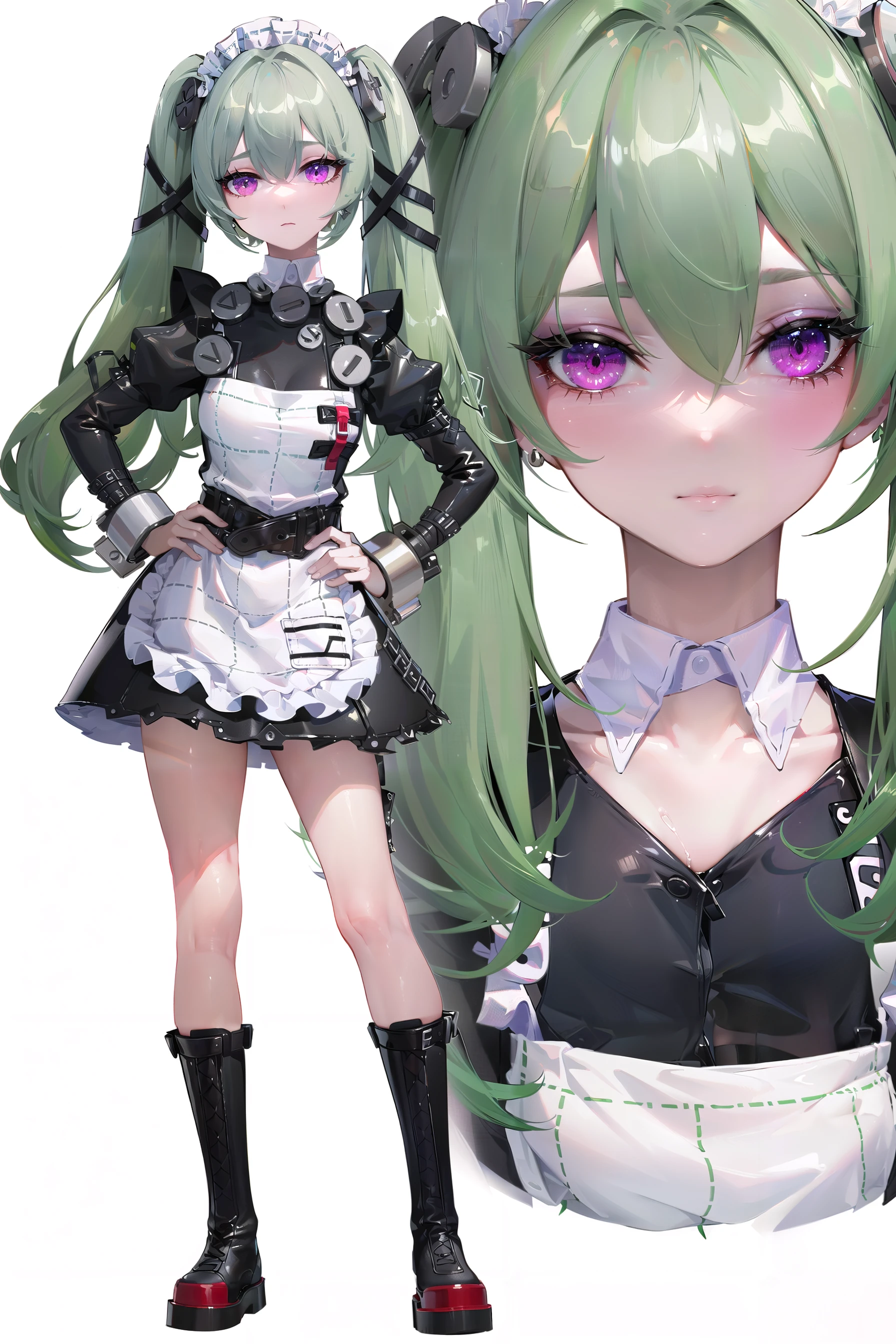 8k, best quality, masterpiece, (ultra-detailed:1.1), (high detailed skin),
(full body:1.3), white background, standing, hand on hip, looking at viewer,
<lora:corin-v100-000028:0.8:lbw=OUTALL>, corin, 1girl, twintails, boots, apron, long hair, maid headdress, green hair,
(white background, simple background,:1.2),
(beautiful_face), ((intricate_detail)), clear face,
((finely_detailed)), fine_fabric_emphasis,
((glossy)), full_shot,