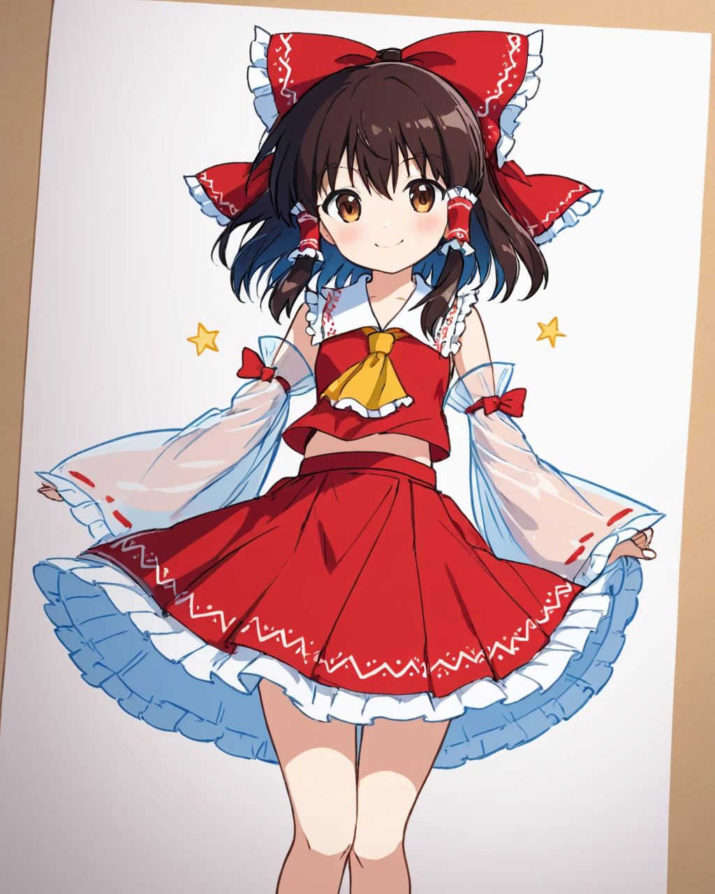 hakurei reimu,1girl, solo, hair_bow, hair_tubes, smile, gohei, red_bow, detached_sleeves, ascot, looking_at_viewer, blush, sketch, leg_ribbon, see-through, wide_sleeves, skirt
<lora:hakurei_reimu_image6409_2023-12-06-000004:1>,star-shaped_pupils,symbol-shaped_pupils,. gorgeous,key visual, vibrant, studio anime,award-winning, professional, highly detailed,high budget, cinemascope