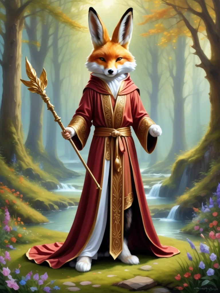 A humanoid figure with rabbit ears and fox tail. Holding a staff and wearing a robe. Fantasy art.