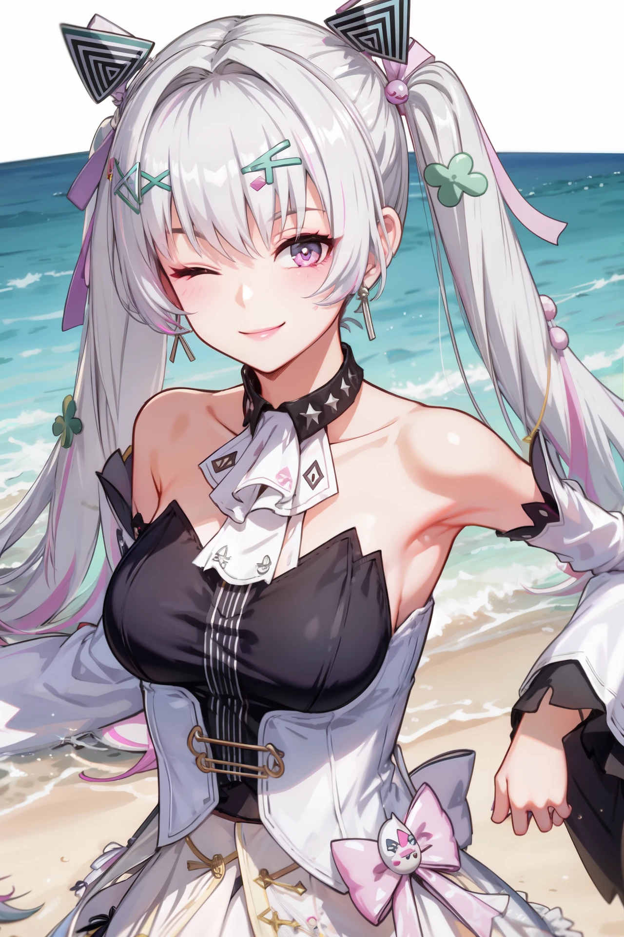 karenina, twintails, pink eyes, white hair, hair ornament, white dress, detached sleeves, smiling, wink, one eye closed, armpit, looking at viewer, at the beach, <lora:more_details:0.3>