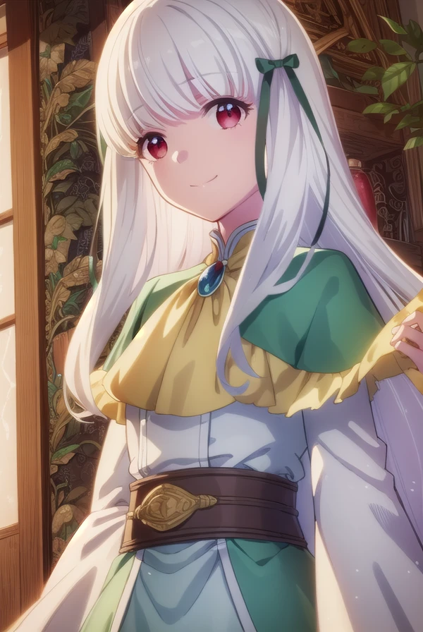 sophiaascart, <lora:sophia ascart s2-lora-nochekaiser:1>,
sophia ascart, long hair, bangs, (red eyes:1.3), bow, ribbon, hair ribbon, white hair, hair bow, black bow, smile,
BREAK dress, brooch, green dress, capelet, ascot, white ascot, gemstone, red gemstone,
BREAK indoors,
BREAK looking at viewer, (cowboy shot:1.5),
BREAK <lyco:GoodHands-beta2:1>, (masterpiece:1.2), best quality, high resolution, unity 8k wallpaper, (illustration:0.8), (beautiful detailed eyes:1.6), extremely detailed face, perfect lighting, extremely detailed CG, (perfect hands, perfect anatomy),