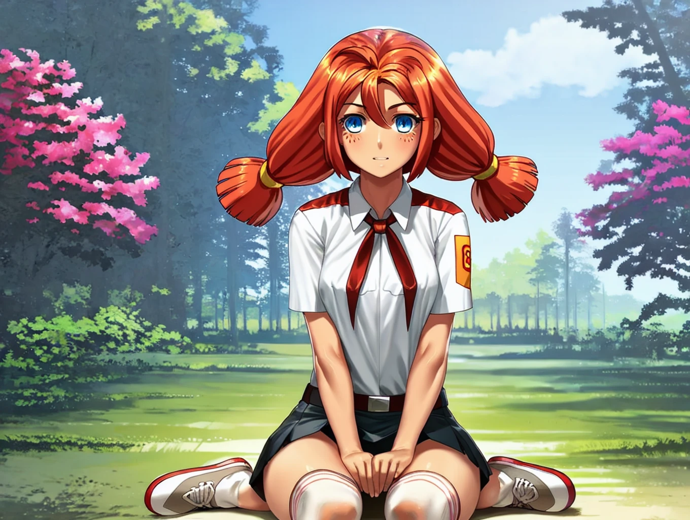 solo,1girl,ulyana,blue eyes,orange hair,two braids,human,pioneer form,pioneer tie,t-shirt,skirt,socks,shoes,
Sitting,nature,art by pgm300,<lora:Everlasting summer:0.7>,