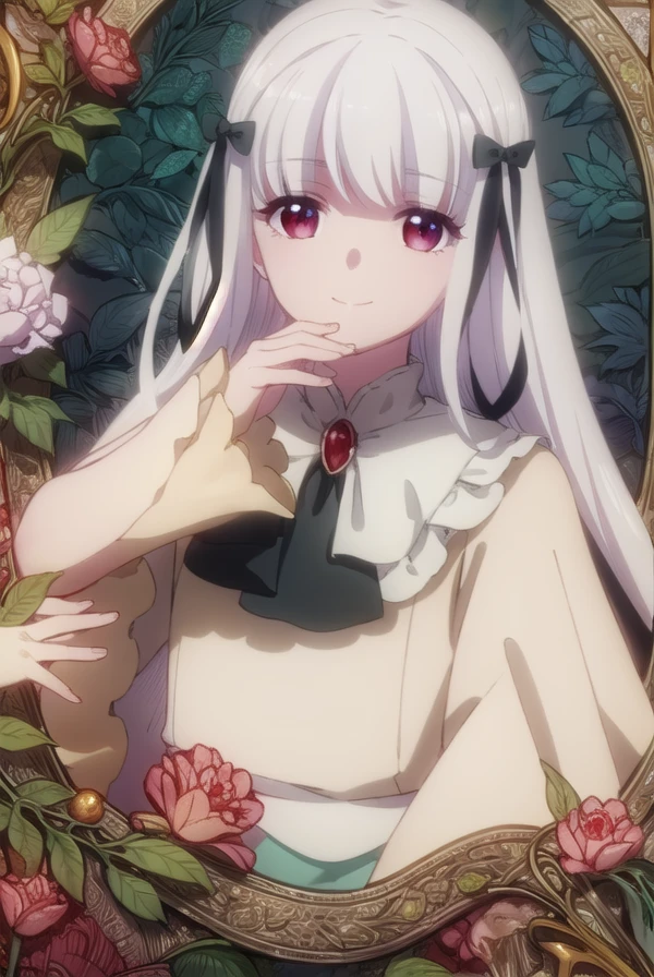 sophiaascart, <lora:sophia ascart s2-lora-nochekaiser:1>,
sophia ascart, long hair, bangs, (red eyes:1.3), bow, ribbon, hair ribbon, white hair, hair bow, black bow, smile,
BREAK dress, brooch, green dress, capelet, ascot, white ascot, gemstone, red gemstone,
BREAK indoors,
BREAK looking at viewer, (cowboy shot:1.5),
BREAK <lyco:GoodHands-beta2:1>, (masterpiece:1.2), best quality, high resolution, unity 8k wallpaper, (illustration:0.8), (beautiful detailed eyes:1.6), extremely detailed face, perfect lighting, extremely detailed CG, (perfect hands, perfect anatomy),
