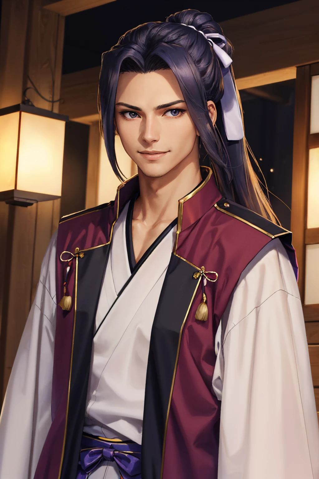(masterpiece, best quality:1.2), solo, male focus, 1boy, sasaki kojirou, smile, closed mouth, looking at viewer, ponytail, japanese clothes, hakama <lora:fate_sasakikojiro-16:1>