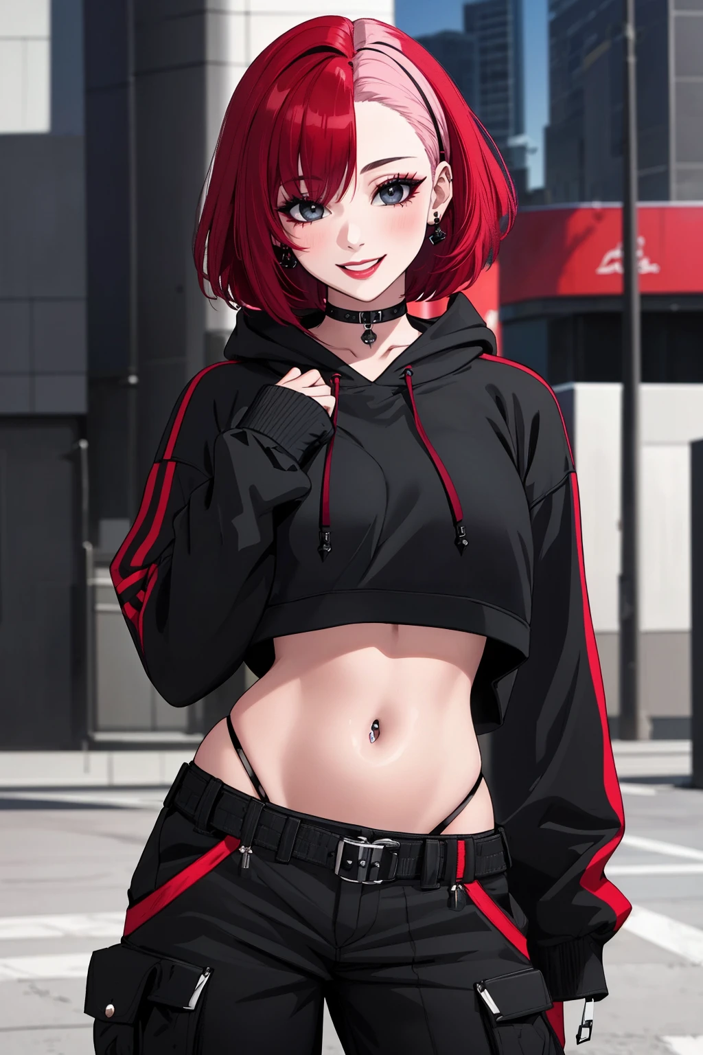 ((Masterpiece, best quality,edgQuality)),
smiling,excited,red hair,woman,bob cut
edgPastelGoth,a woman in a black hoodie and cargo pants ,wearing edgPastelGoth
 <lora:edgPastelHoodies:0.8>