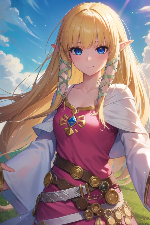 princesszelda, <lora:zelda skyward sword-lora-nochekaiser:1>,
zelda skyward sword, blonde hair, blue eyes, long hair, pointy ears, sidelocks, elf, bangs, blunt bangs, ribbons, hair ribbons, smile,
BREAK belt, cape, dress, long sleeves, (pink dress:1.2), (white cape:1.2),
BREAK outdoors, nature, forest, trees, grass, sun, sky, clouds,
BREAK looking at viewer,
BREAK <lyco:GoodHands-beta2:1>, (masterpiece:1.2), best quality, high resolution, unity 8k wallpaper, (illustration:0.8), (beautiful detailed eyes:1.6), extremely detailed face, perfect lighting, extremely detailed CG, (perfect hands, perfect anatomy),