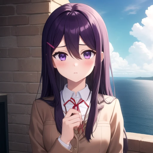 ((masterpiece)),(best quality),official art,extremely detailed CG,unity 8k wallpaper,ultra detailed,A lighthouse on a cliff by the sea,1girl,solo,upper body,(portrait:1.2),yuri (doki doki literature club),very long hair,school uniform,purple hair,purple eyes,hairclip,white socks,hair ornament,blue skirt,looking at viewer,pleated skirt,blush,uwabaki,long sleeves,brown jacket,hair between eyes,white footwear,bangs,<lora:Yuri(ddlc)>,