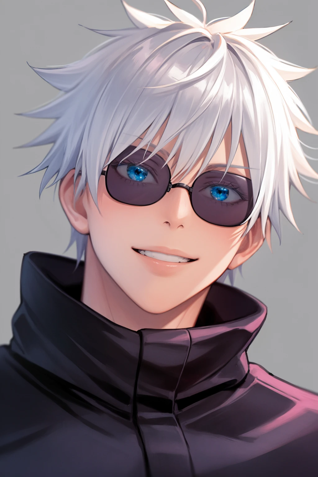 masterpiece, best quality, 1boy, gojou satoru, white hair, short hair, sunglasses, blue eyes, smile, black jacket, high collar, close up, solo, looking at viewer, cartoon, simple background <lora:Gojo:1>