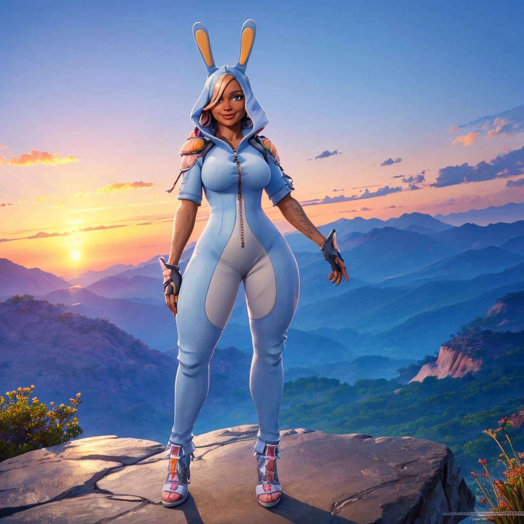 a woman standin on a cliff watching the sunset, (full body), beautiful eyes, beautiful girl, high detail skin, high detail eyes, high detail hair, highres, ultra detailed, Highly detailed,masterpiece, best quality, <lora:Bunny BrawlerPennyLoRA:1> penny, dressed, bunny, with, ears, smile