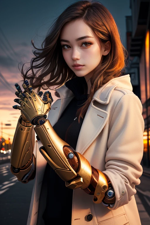 masterpiece, best quality, one arm + (cyber arm) + white color with golden details, woman, coat, sweater, in street + sunset, (portrait view + looking at viewer + close-up view), dark lighting, <lora:cyber arm:0.7>