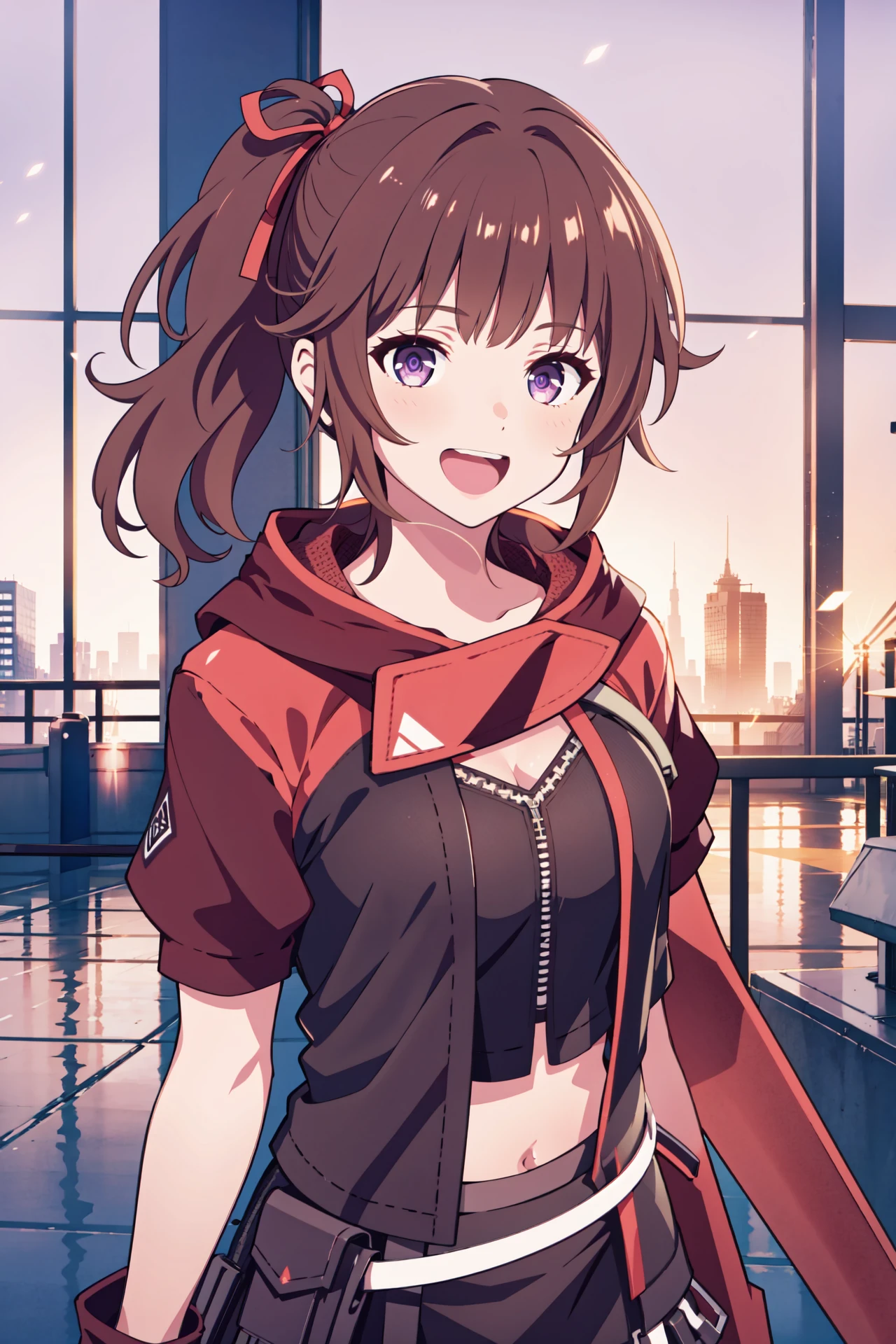 Masterpiece, best quality, perfect lighting, 1girl, solo, Hanabi, OSF Cadet Uniform, light brown hair, red hairtie, side ponytail, black gloves, mini skirt, satchel, purple eyes, upper body pov, smile, open mouth, <lora:Hanabi-v2:0.8>