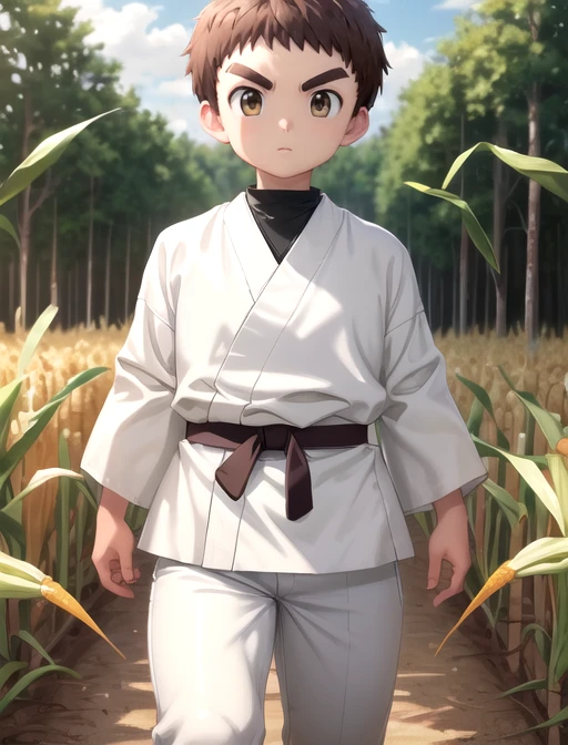 best quality, masterpiece, highres, detailed, digital illustration, <lora:Detail - add_detail:0.2>, HxHZushi, [bald : short hair: 0.4], brown hair, dougi, black belt, thick eyebrows, white pants, male child,  <lora:Character - HxHZushi:0.9>, confident, corn maze