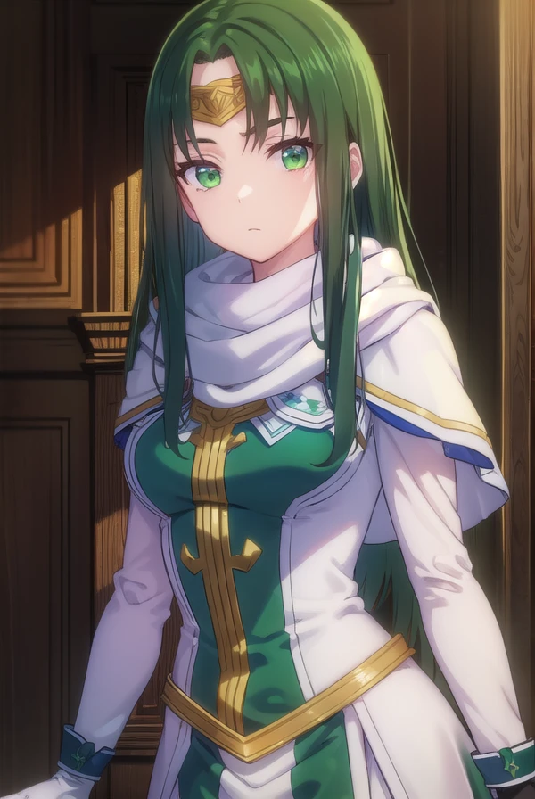 marisamarilis, <lora:maris amarilis-lora-nochekaiser:1>,
maris amarilis, long hair, (green eyes:1.5), green hair, circlet,
BREAK gloves, fingerless gloves, dress, white dress, capelet, cape, scarf, white scarf, long sleeves,
BREAK indoors, castle,
BREAK looking at viewer, (cowboy shot:1.5),
BREAK <lyco:GoodHands-beta2:1>, (masterpiece:1.2), best quality, high resolution, unity 8k wallpaper, (illustration:0.8), (beautiful detailed eyes:1.6), extremely detailed face, perfect lighting, extremely detailed CG, (perfect hands, perfect anatomy),