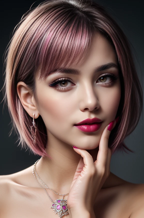 (masterpiece:1.21),(bestquality:1.21),8k,high detailed,ultra-detailed,depth of field,wide angle,1girl,beautiful face,Graceful Hands,Real Skin Texture,solo,looking at viewer,clean background trending,(portrait photo of a gray backdrop),black eyes,beautiful detailed eyes,random_color_lipstick,eyeliner,eyelashes,random_color_nail_polish,earrings,necklace,Bright pink Hair,asymmetrical Haircut,Happy Birthday,cinematic lighting,
<lora:Detail Slider V2 By Stable :0.4> <lora:NOISEOFFSET_V2_BY_STABLE_YOGI:0.8>