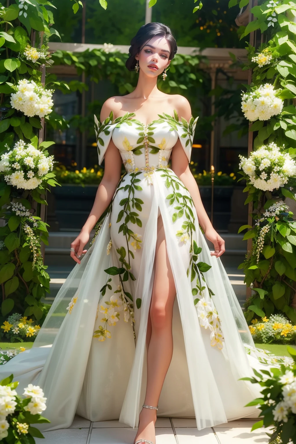 masterpiece, best quality, high quality, v1nedr3ss, jungle, long green hair, green eyes, flowers, vines, dress, white dress, wedding dress, <lora:detail_slider_v4:3>   <lora:lip_slider_v21:2>  <lora:age_slider_v2:3> <lora:v1nedr3ss:1>