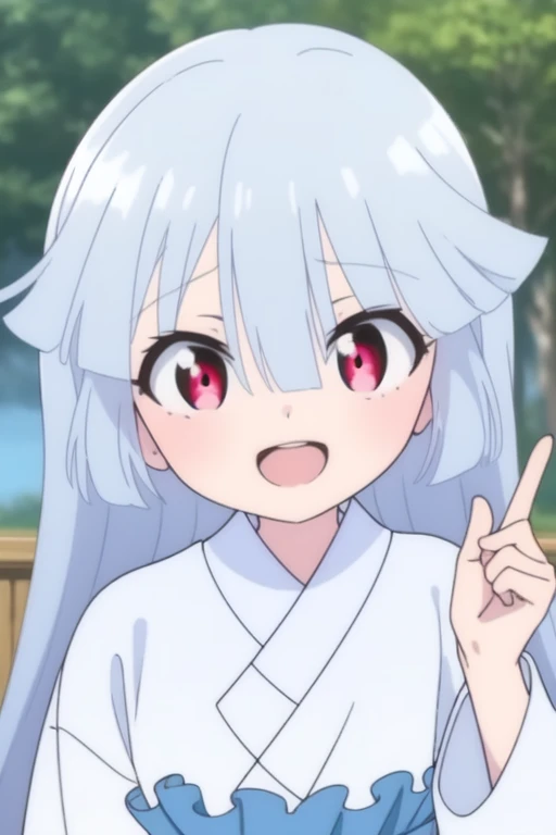 <lora:Yukimusume:1>Yukimusume, 1girl, solo, open mouth, long hair, white kimono, japanese clothes, smile, bangs, kimono, red eyes, outdoors, upper body, looking at viewer, hand up, tree, index finger raised, blue hair, blurry background, blurry, :d, anime coloring, hair between eyes, pointing
((((masterpiece)))), high quality, very_high_resolution, large_filesize, full color