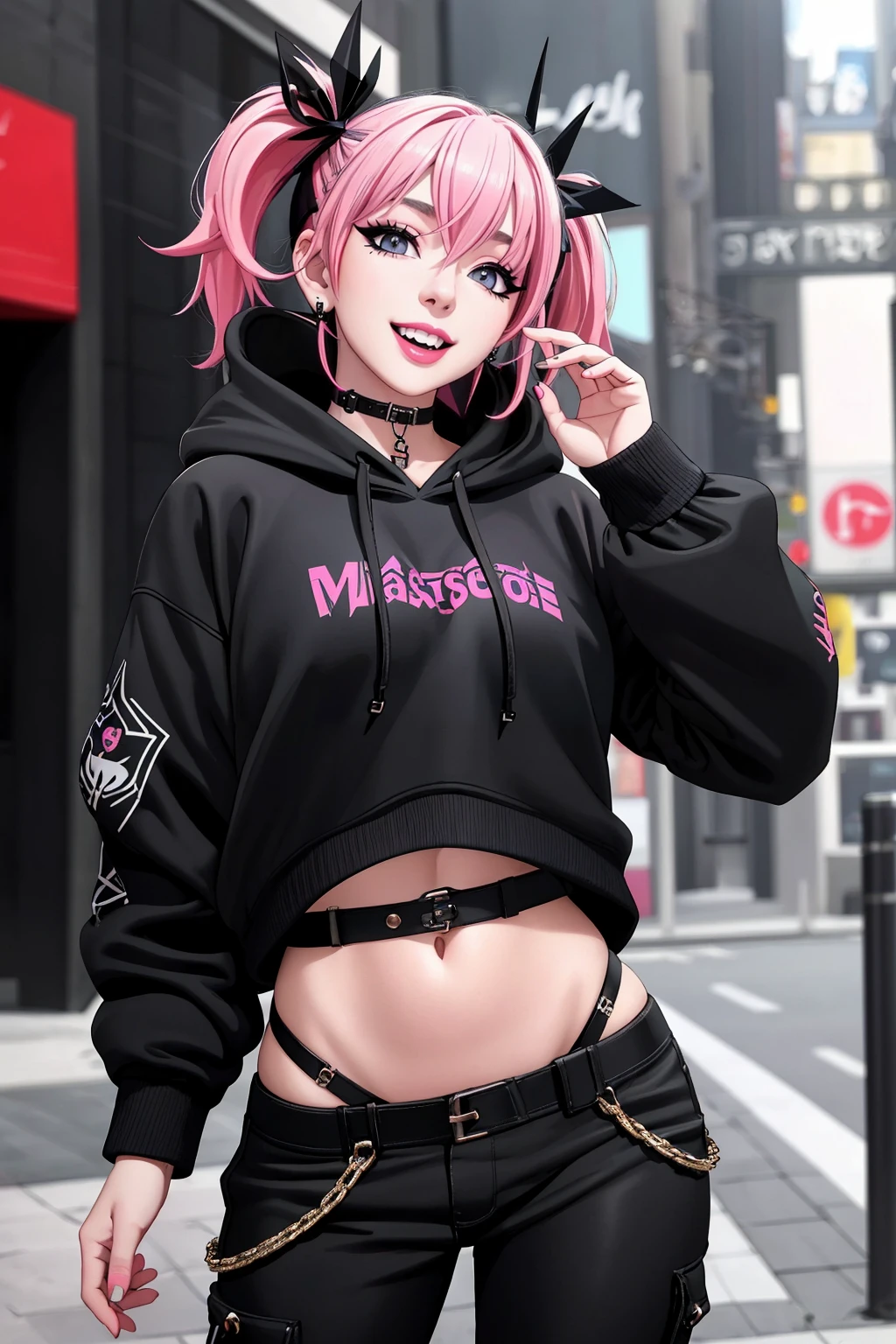 ((Masterpiece, best quality,edgQuality)),
smiling,excited,
edgPastelGoth,a woman in a black hoodie and cargo pants ,wearing edgPastelGoth
 <lora:edgPastelHoodies:1>