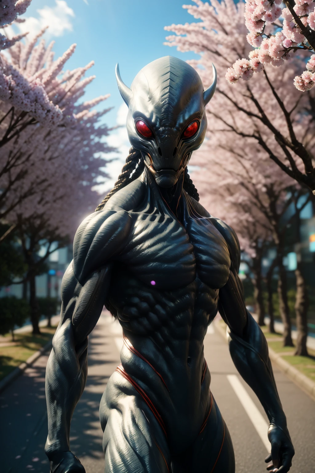 <lora:arandomalien_v2-000010:1> masterpiece of photorealism, photorealistic highly detailed 8k photography, best cinematic quality, volumetric lighting and shadows, muscular rndmln, predator braids, dynamic pose, Cherry Blossom Petal Pathways, First-Person View (FPV) Drone Perspective