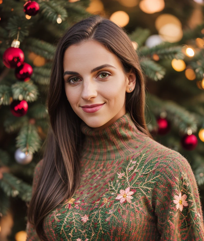 f3d3 photo of (f3d3), RAW, nature, outdoor, Spectacular light, dress Turtleneck color intricate Christmas  color intricate, (Colorful flowering), 8k, soft lighting, high quality, film grain, Olympus OM1 sharp focus, f 3.4, (eyeliner), (seductive pose), upper body, smile 