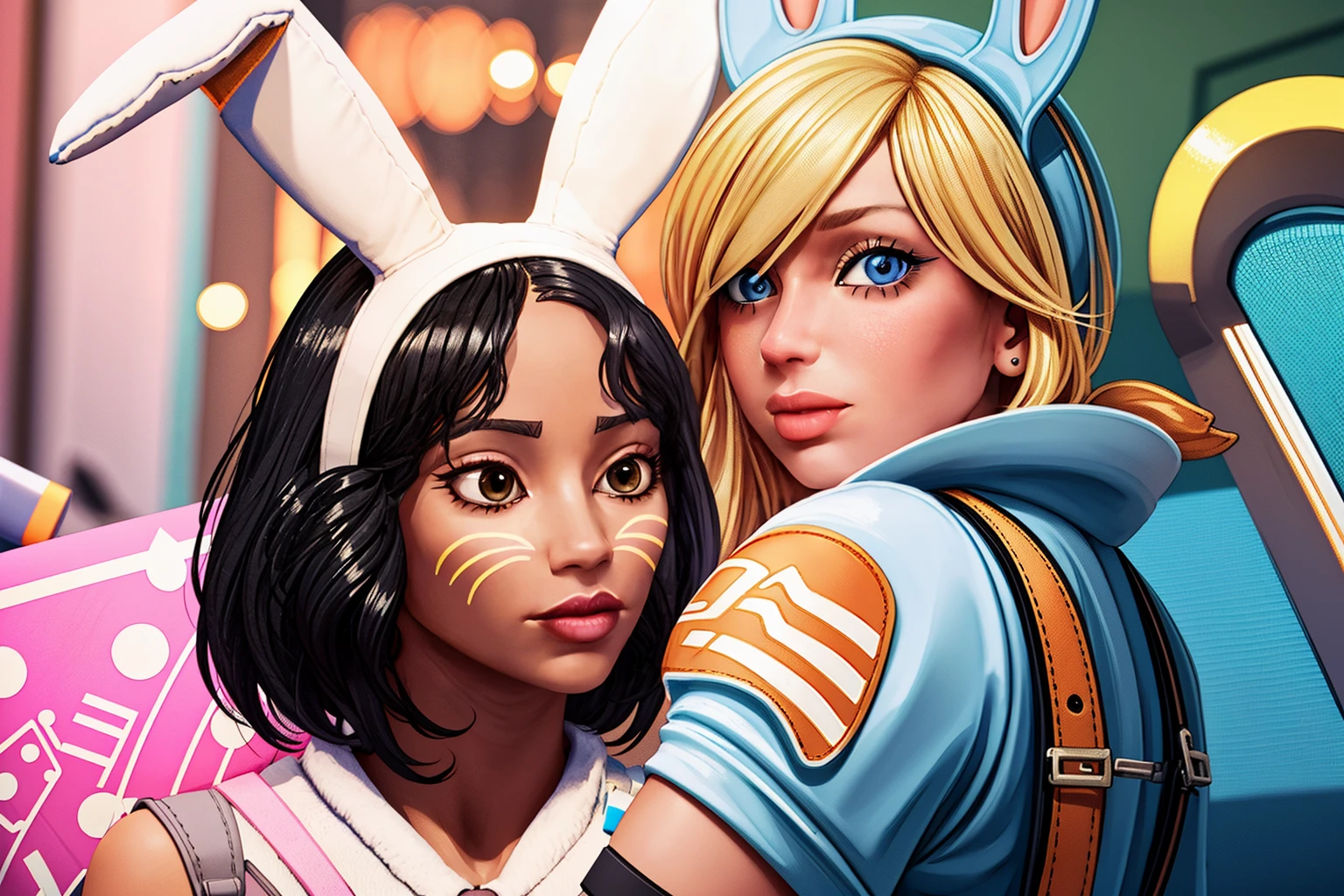 2girls
AND 2girls, black hair, <lora:Bunny BrawlerLunaLoRA:0.8> luna, dressed, bunny, with, ears, and, mask
AND 2girls, blonde hair <lora:Bunny BrawlerPennyLoRA:0.8> penny, dressed, bunny, with, ears