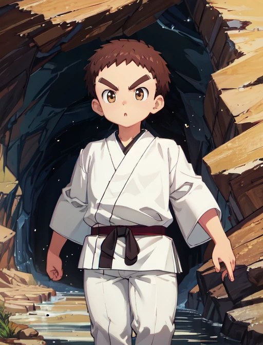 best quality, masterpiece, highres, detailed, digital illustration, <lora:Detail - add_detail:0.2>, HxHZushi, [bald : short hair: 0.4], brown hair, dougi, black belt, thick eyebrows, white pants, male child,  <lora:Character - HxHZushi:0.9>, determined, cave