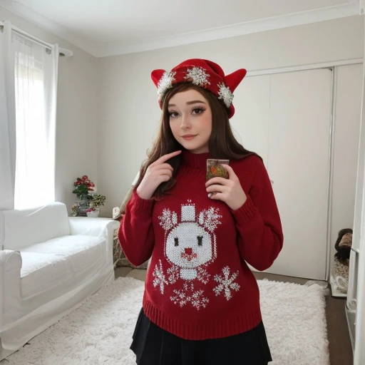 <lora:bambiskii_sd15_512_128_64_v1:1> bambiskii 1girl , wearing christmas sweater, (christmas decoration in background, lit fireplace in background)