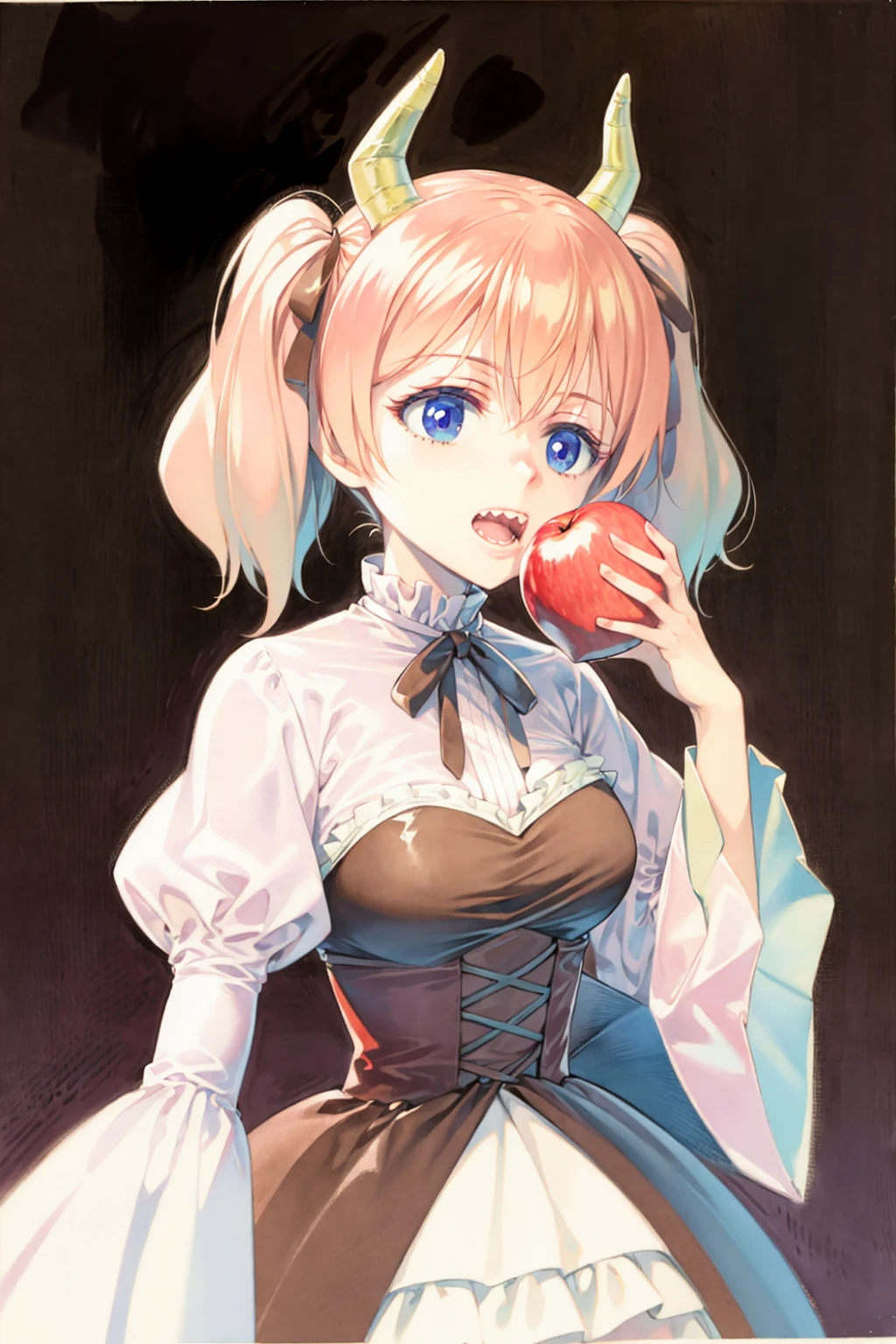 masterpiece, best quality, <lora:style19:1>,watercolor \(medium\), traditional media, 
 <lora:ri-nie:1>,1girl, solo, horns, food, apple, fruit, twintails, large breasts, open mouth, corset, eating, breasts, dress, brown hair, teeth, holding fruit, ribbon, long sleeves, puffy sleeves, sharp teeth, simple background, blue background, juliet sleeves, holding, brown eyes