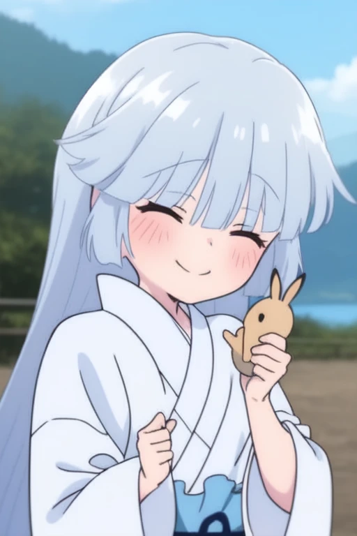 <lora:Yukimusume:1>Yukimusume, japanese clothes, long hair, 1girl, kimono, white kimono, closed eyes, smile, holding animal, outdoors, blue hair, bangs, blush, holding, day, photo background, animal, upper body, light blue hair, rabbit, blunt bangs, sky, wide sleeves