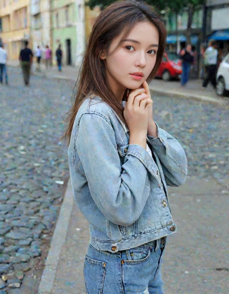 18 years old girl, (extreme detailed face, detailed skin), full body, jeans, street, outdoor,