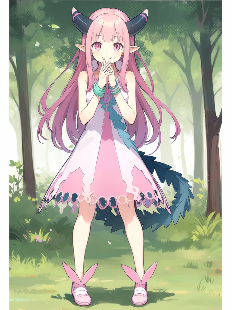 <lora:milleaf:1> milleaf, 1girl, solo, pink hair, long hair, horns, tail, pointy ears, pink eyes, smile, shoes, dress, full body, jewelry, bracelet, own hands together,
forest,