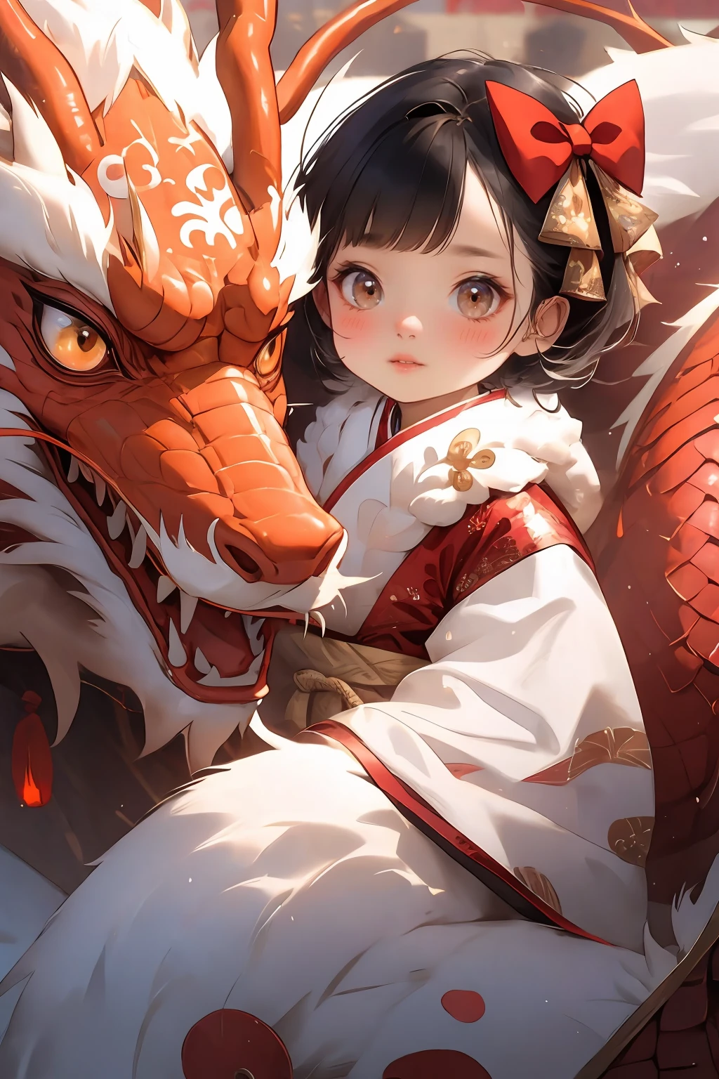 <lora:long2ZHENGZE-000012:0.7>,chahua,1girl,black hair,hair bow,looking at viewer,blush,brown eyes,red bow,dragon,bangs,short hair,child,closed mouth,lips,solo,female ,red new year clothes,