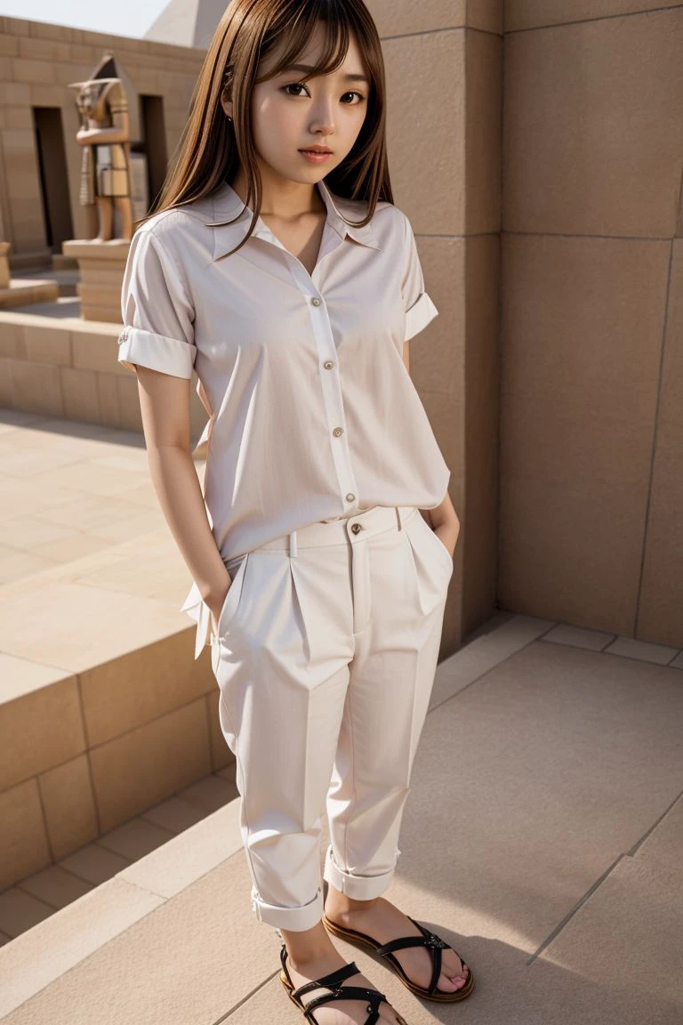 <lora:anjou_kozuki_obj20:0.5>, full_body, standing, sandals, (shirt), pants, (egyptian pyramids), (anjou_kozuki: 1.2), perfect face, (contact iris: 1.1), pale skin, skin pores , depth of field