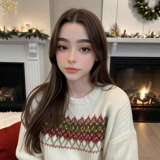 <lora:tarankaaa_sd15_512_128_64_v1:1>tarankaaa, 1girl brown hair, wearing christmas sweater, christmas decoration in background, lit fireplace in background