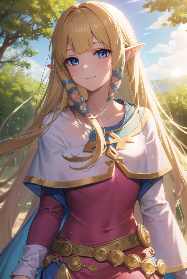 princesszelda, <lora:zelda skyward sword-lora-nochekaiser:1>,
zelda skyward sword, blonde hair, blue eyes, long hair, pointy ears, sidelocks, elf, bangs, blunt bangs, ribbons, hair ribbons, smile,
BREAK belt, cape, dress, long sleeves, (pink dress:1.2), (white cape:1.2),
BREAK outdoors, nature, forest, trees, grass, sun, sky, clouds,
BREAK looking at viewer,
BREAK <lyco:GoodHands-beta2:1>, (masterpiece:1.2), best quality, high resolution, unity 8k wallpaper, (illustration:0.8), (beautiful detailed eyes:1.6), extremely detailed face, perfect lighting, extremely detailed CG, (perfect hands, perfect anatomy),