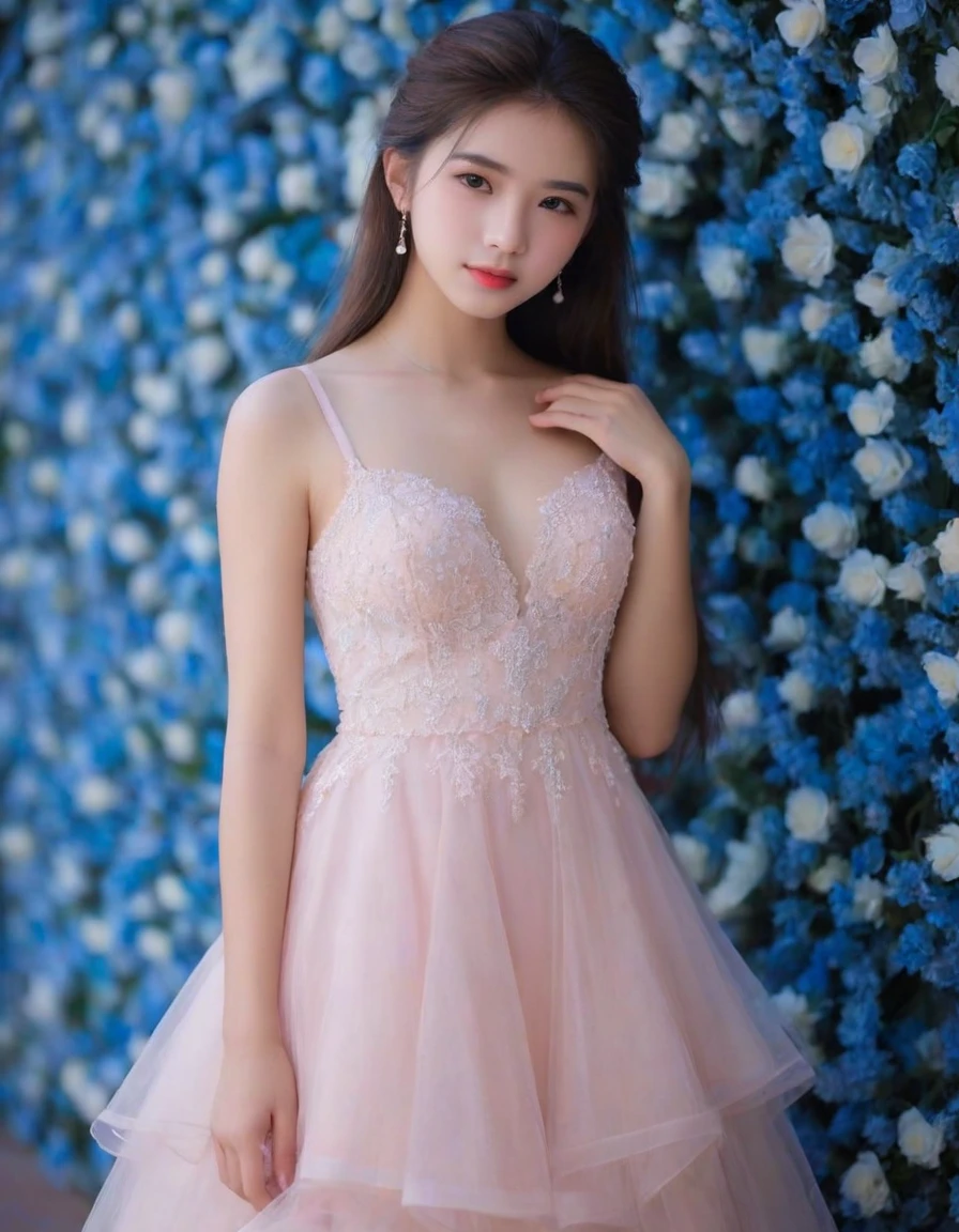 18 years old girl, (extreme detailed face, detailed skin), full body, dress, graceful girl, lobby,