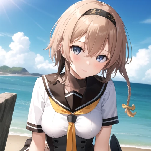 ((masterpiece)),(best quality),official art,extremely detailed CG,unity 8k wallpaper,ultra detailed,A lighthouse on a cliff by the sea,1girl,solo,upper body,(portrait:1.2),school_uniform,serafuku,clothes_writing,hachimaki,propeller_hair_ornament,twin_braids,long_hair,pleated_skirt,black_skirt,black_sailor_collar,black_headband,blue_eyes,yellow_neckerchief,light_brown_hair,smile,white_thighhighs,brown_hair,miniskirt,thigh_strap,corset,grey_eyes,looking_at_viewer,short_sleeves,socks,hair_between_eyes,knee_boots,multicolored_gloves,hairband,white_gloves,medium_breasts,red_footwear,<lora:Teruzuki(kan)>,