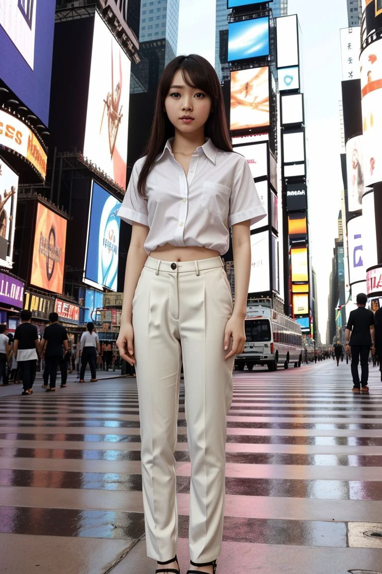 <lora:miyu_suenaga_obj20:0.5>, full_body, standing, sandals, (shirt), pants, (times square), (miyu_suenaga: 1.2), perfect face, (contact iris: 1.1), pale skin, skin pores , depth of field