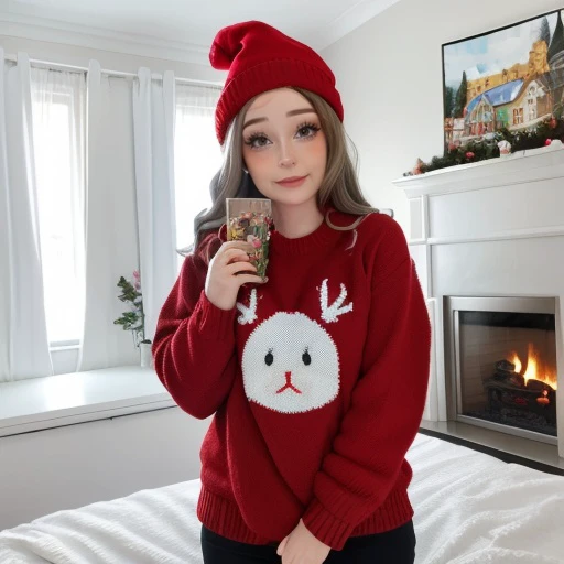 <lora:bambiskii_sd15_512_128_64_v1:1> bambiskii 1girl , wearing christmas sweater, (christmas decoration in background, lit fireplace in background)