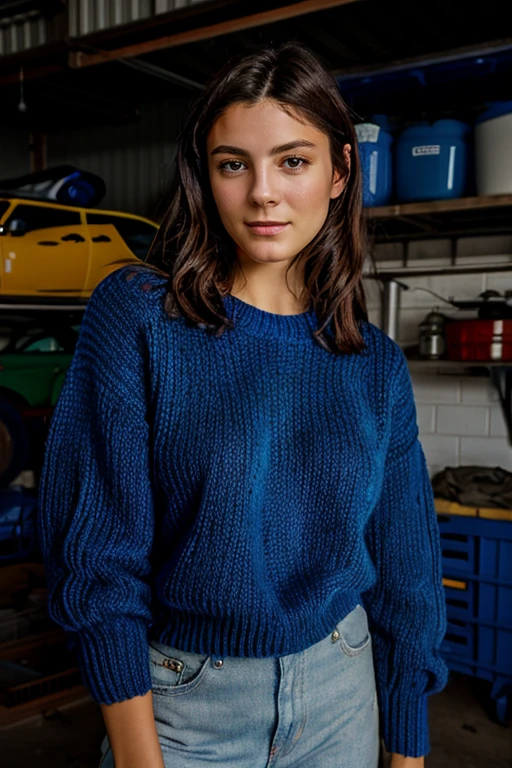 masterpiece, best quality, detailed face <lora:Monica1873Barbaro:1> a woman, 1girl, solo, m1873b, wearing blue jumper in garage